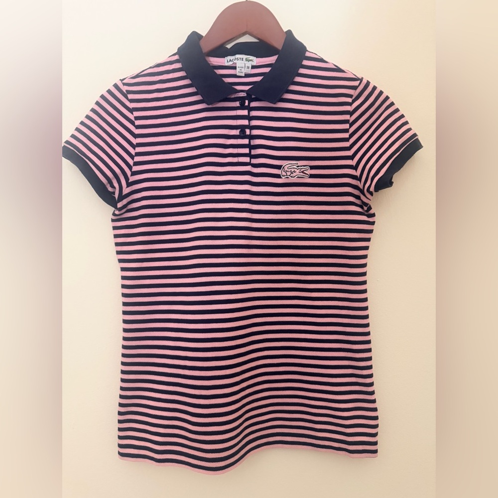 Lacoste Women’s Striped Pink and Black Polo Shirt. Limited edition. Size 38 S/M